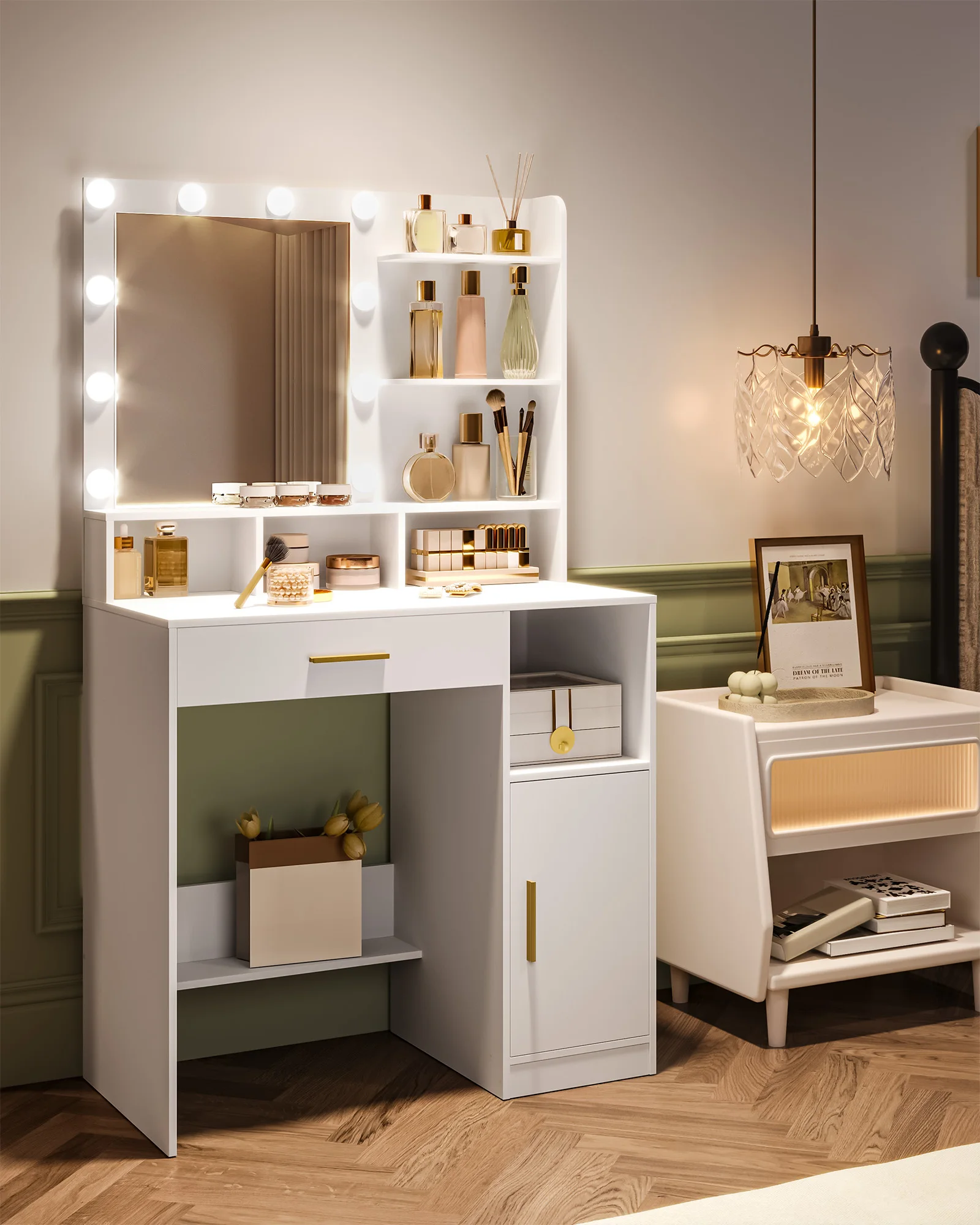 Hzuaneri Schminktisch mit Spiegel und 10 LED-Leuchten, Schminktisch mit 3 Regalen und 4 offenen Fächern, mit großer Schublade Image