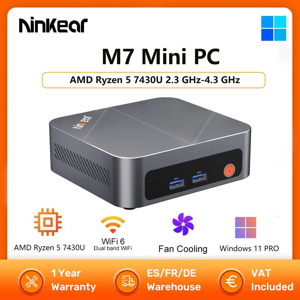Ninkear M7 Mini-PC AMD Ryzen ™ 5 7430U Windows 11 PRO 16GB DDR4 RAM 512GB SSD WIFI 6.0 Lüfterkühlung Mini-Computer