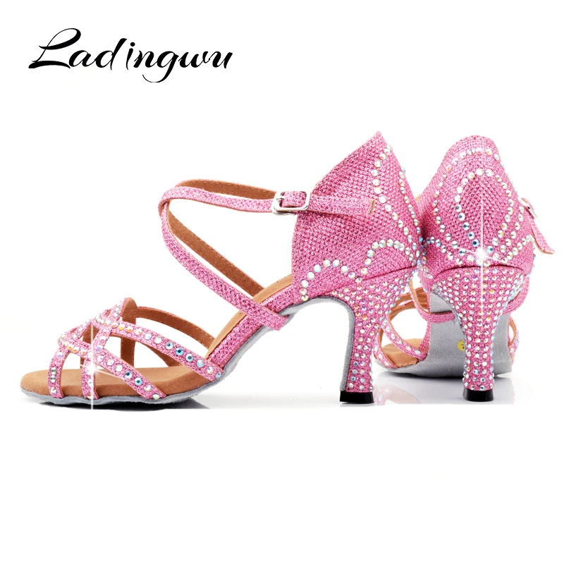 Ladingwu Rosa Glitter Tanz Schuhe Latin Frau Crown Muster Strass Design Ballroom Dance Schuhe Mädchen Beruf Salsa Schuhe