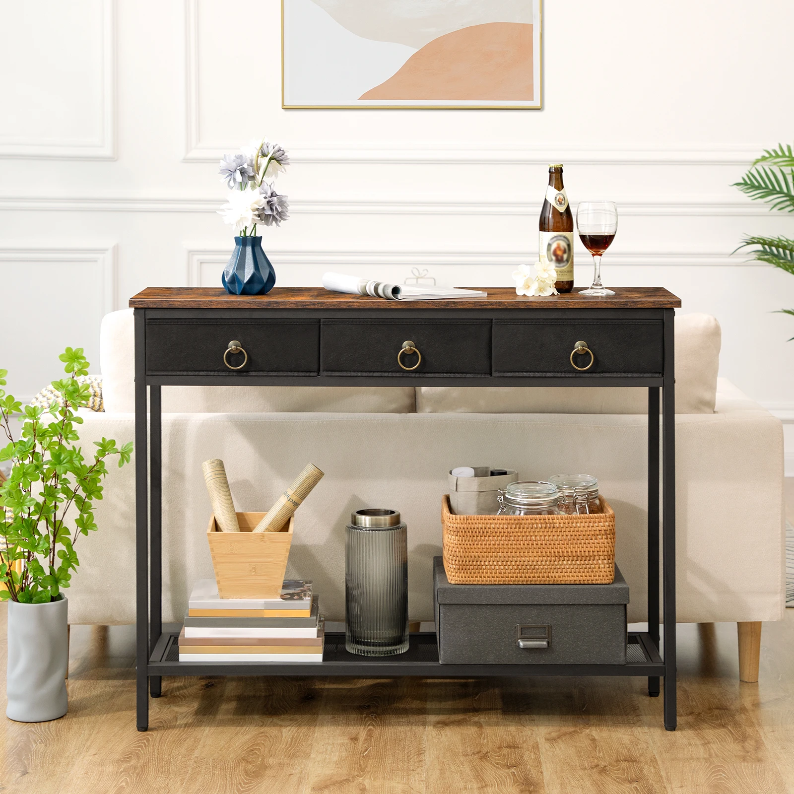 HOOBRO Konsolentisch, schmaler Eingangstisch mit 2 Schubladen und Regalen, Eingangs-Sofatisch für Wohnzimmer, Flur, Bücherregal Image