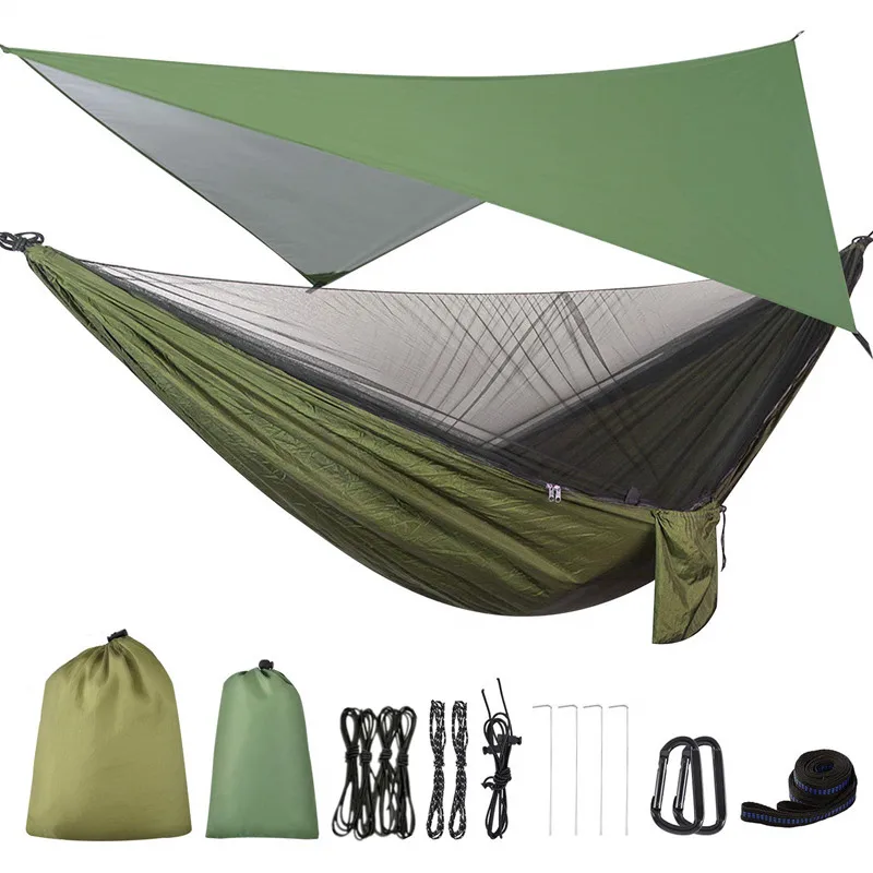 Camping-Hängematte, Moskitonetz und Hängematten-Überdachung, tragbare Nylon-Hängematte, Regenfliegen-Baumgurte für Wandern, Camping, Überleben, Reisen