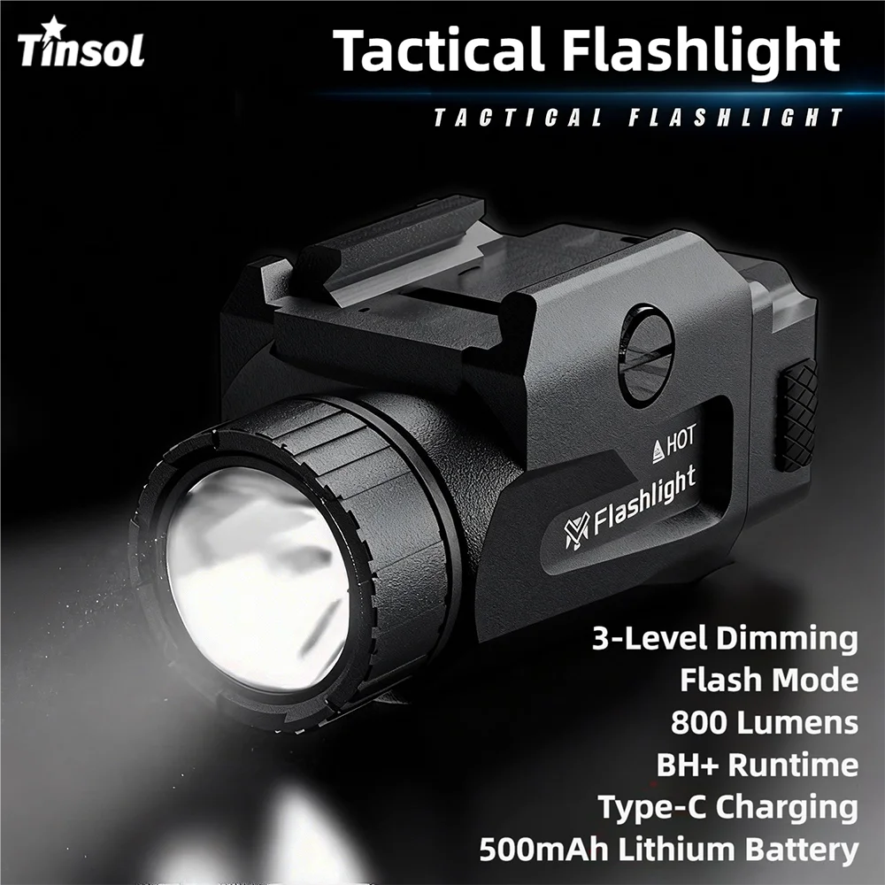 TINSOL 800LM Leistungsstarkes taktisches Licht 4 Modi USB wiederaufladbare Schnellverschluss-Pistole Outdoor-Schießen Picatinny-Schienenmontage Image