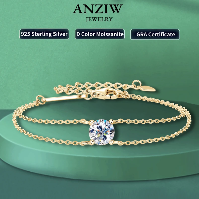 Anziw Doppelkettenarmband aus echtem 925er Silber, 6,5 mm, 1,0 ct, D-Farbe, Moissanit-Armbänder mit GRA-Zertifikat, Schmuck für Frauen, Geschenk Image