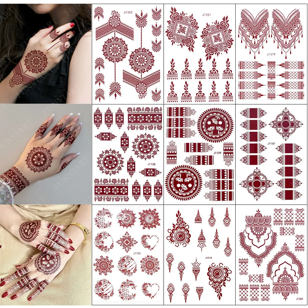 10 Teile/satz Kastanienbraun Farbe Henna Tattoo Aufkleber für Hand Braun Rot Henna Tattoos für Frauen Wasserdicht Temporäre Mehndi Fake Tattoo Image