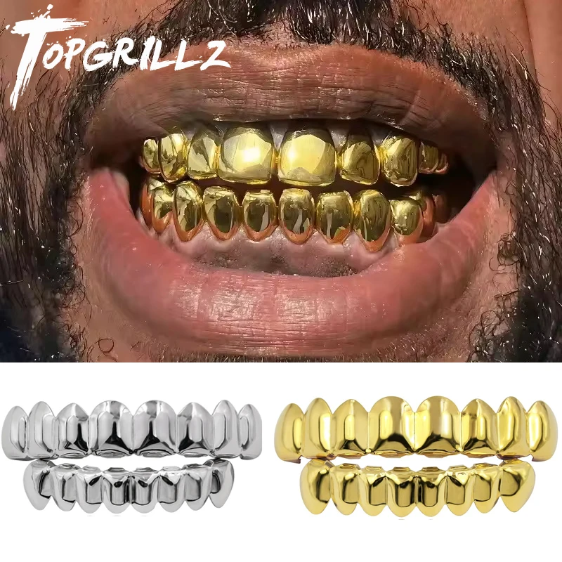 TOPGRILLZ Gold versilbert HIP HOP Zähne Grillz oben und unten Grills Set mit echt glänzenden Vampirzahn-Sets aus Silikon Image