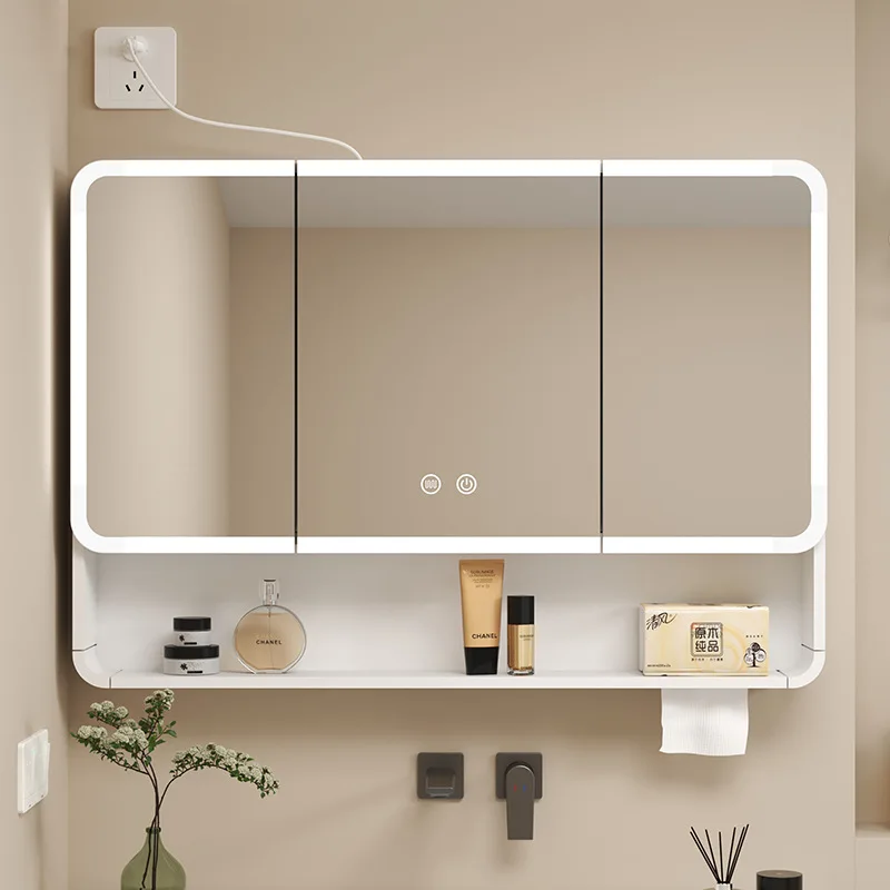 Badezimmerspiegel, intelligenter Aufbewahrungsschrank, LED-Licht, Wandmontage, abgerundete Ecke, Anti-Beschlag-Möbel, Kosmetikspiegel, Medizinschrank
