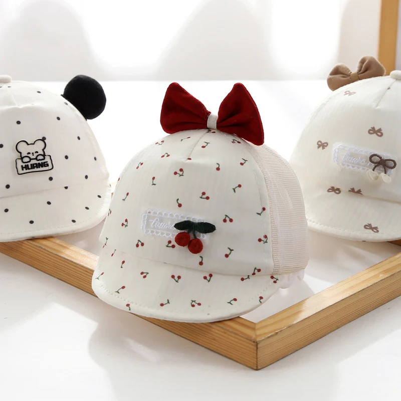 Rote Schleife Mädchen Mesh Ente Zunge Hut 0-6 Monate Baby Sonnenhüte Sommer Kinder Sonnenschutz Visiere Niedliche Cartoon Kleinkinder Net Schirmmütze Image