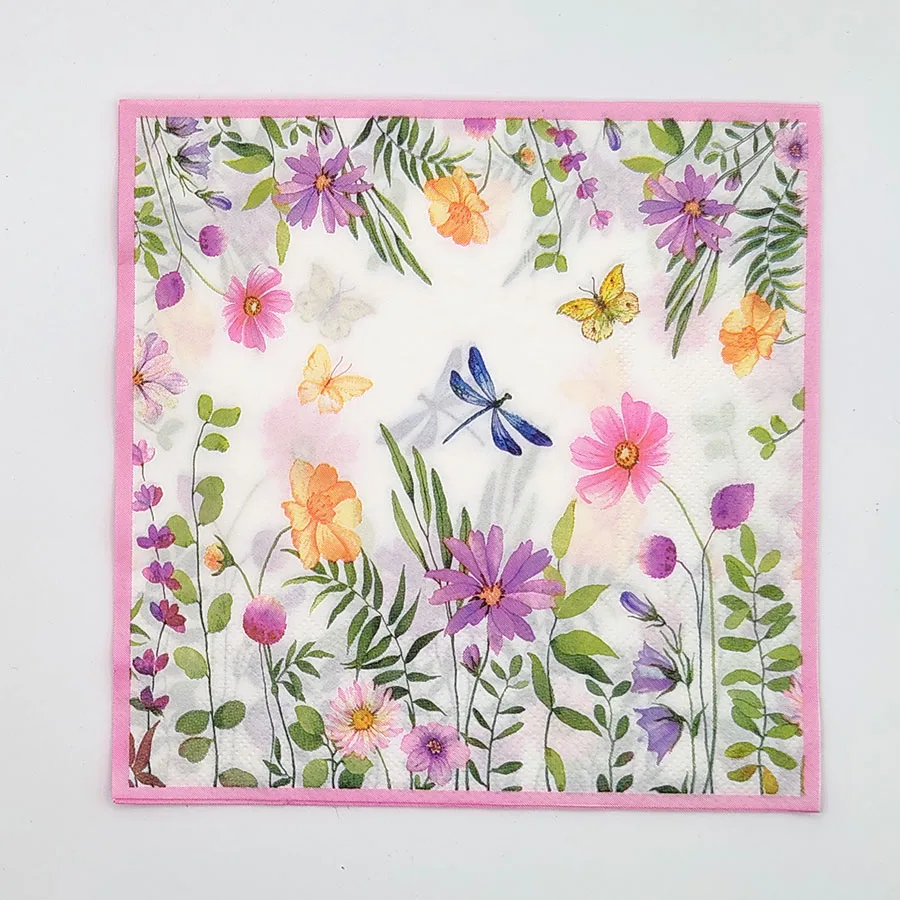 Elegante Blumenservietten mit Libellen und Schmetterlingen – 2-lagiges wasserabsorbierendes Papier für Hochzeitstischdekoration, rosa Kanten Botanica Image