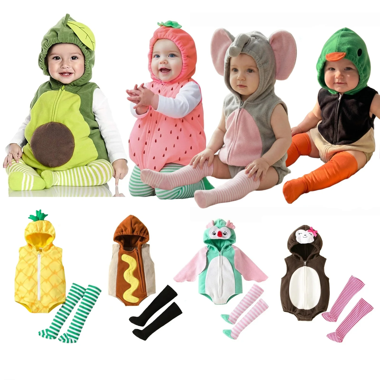 Neue Designer-Cartoon-Kleidung mit Reißverschluss und Kapuze, Strampler + Strümpfe, Baby-Kleidung, lässige Sets für Babys Image