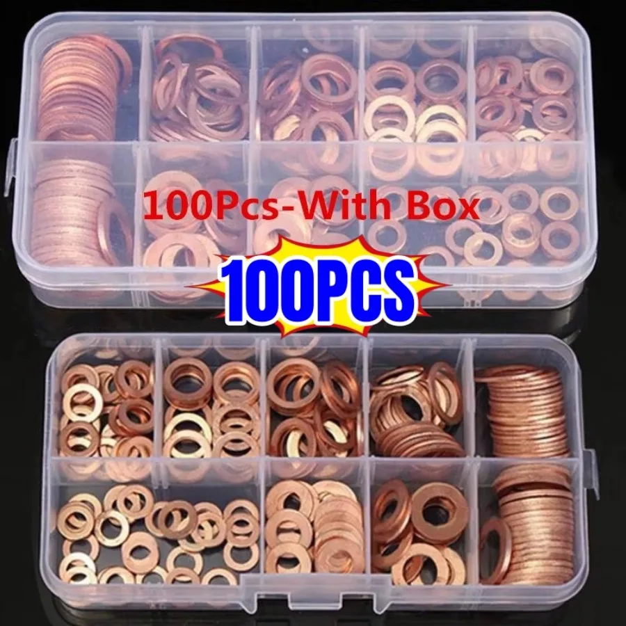 Kupfer-Unterlegscheiben-Dichtungsmutter- und Bolzensatz, Flachring-Dichtungs-Sortiment-Set mit Box //M8/M10/M12/M14 für Sumpfstopfen Image