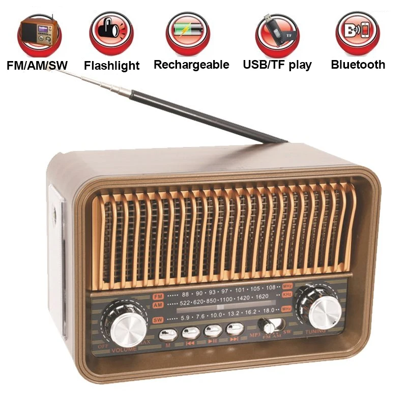 Tragbares FM AM SW Radio, Multiband-Vintage-Radios, kabelloser Bluetooth-Lautsprecher mit LED-Taschenlampe, unterstützt TF-Karte, U-Disk-AUX Image