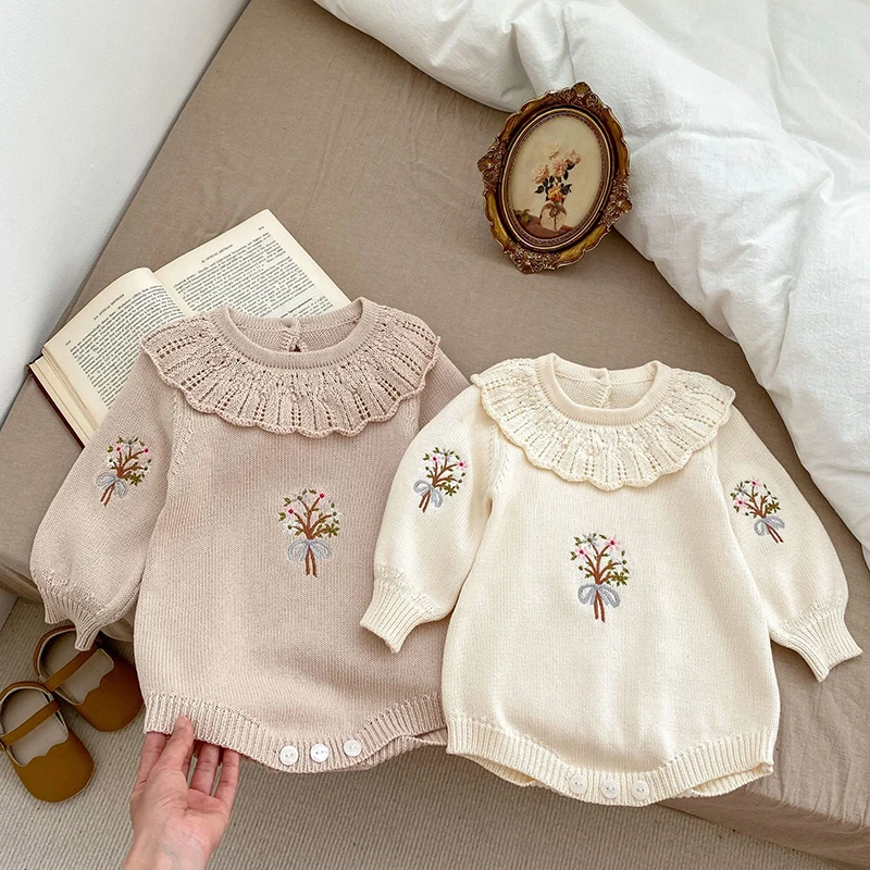 Koreanischen Stil Kleinkind Baby Mädchen Strampler Stricken Langarm Blume Stickerei Herbst Frühling Neugeborenen Baby Mädchen Stricken Overall Image
