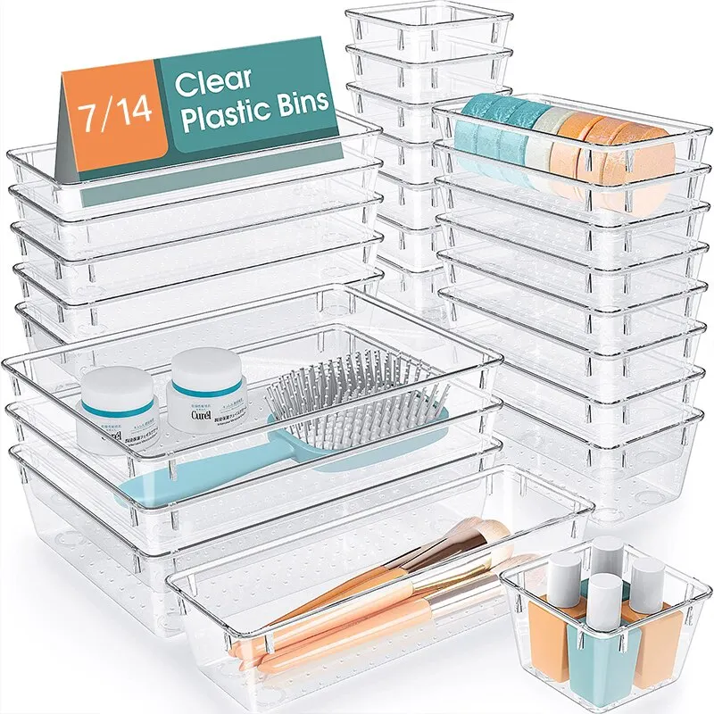 7/14-teiliges Schubladen-Organizer-Set aus durchsichtigem Kunststoff, Schreibtischteiler, Behälter, Schlafzimmer, Kommode, Büro, Aufbewahrungsbox für Make-up, Schmuck, Gadgets