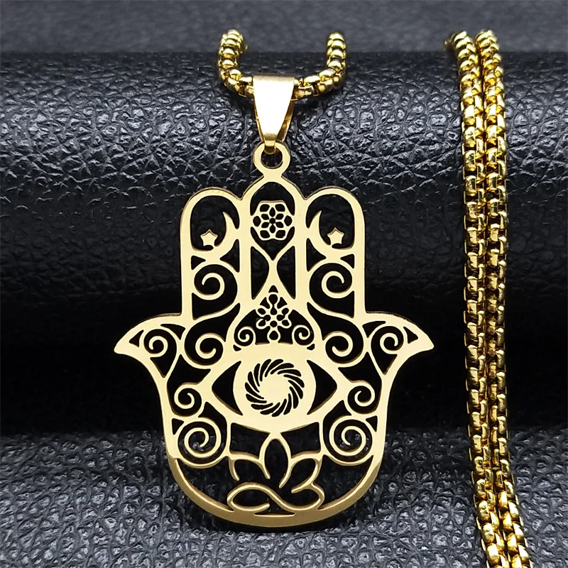 Blume des Lebens Fatima Hamsa Hand Anhänger Halskette für Frauen Männer Edelstahl Gold Farbe Om Lotus Auge Kette Schmuck N8083S01