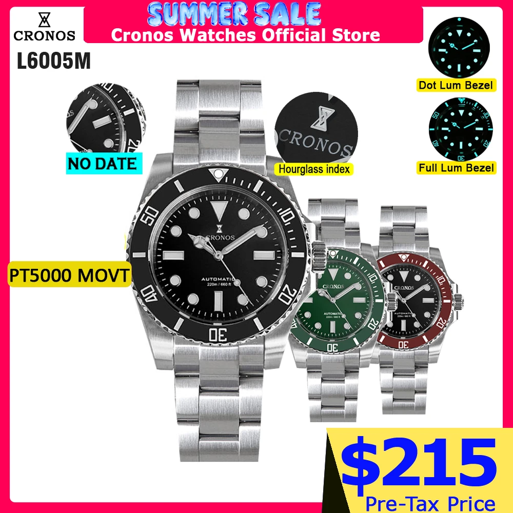 Cronos Sub Diver Herrenuhr ohne Datum PT5000, gebürstetes Armband, Keramiklünette, 200 Meter wasserdicht Image