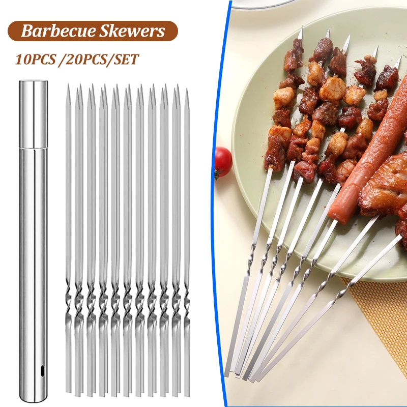 10/20Pcs Edelstahl Grill Spieß Wiederverwendbare Flache BBQ Nadel Stick Grill Werkzeuge für Outdoor Camping Party Zubehör Image
