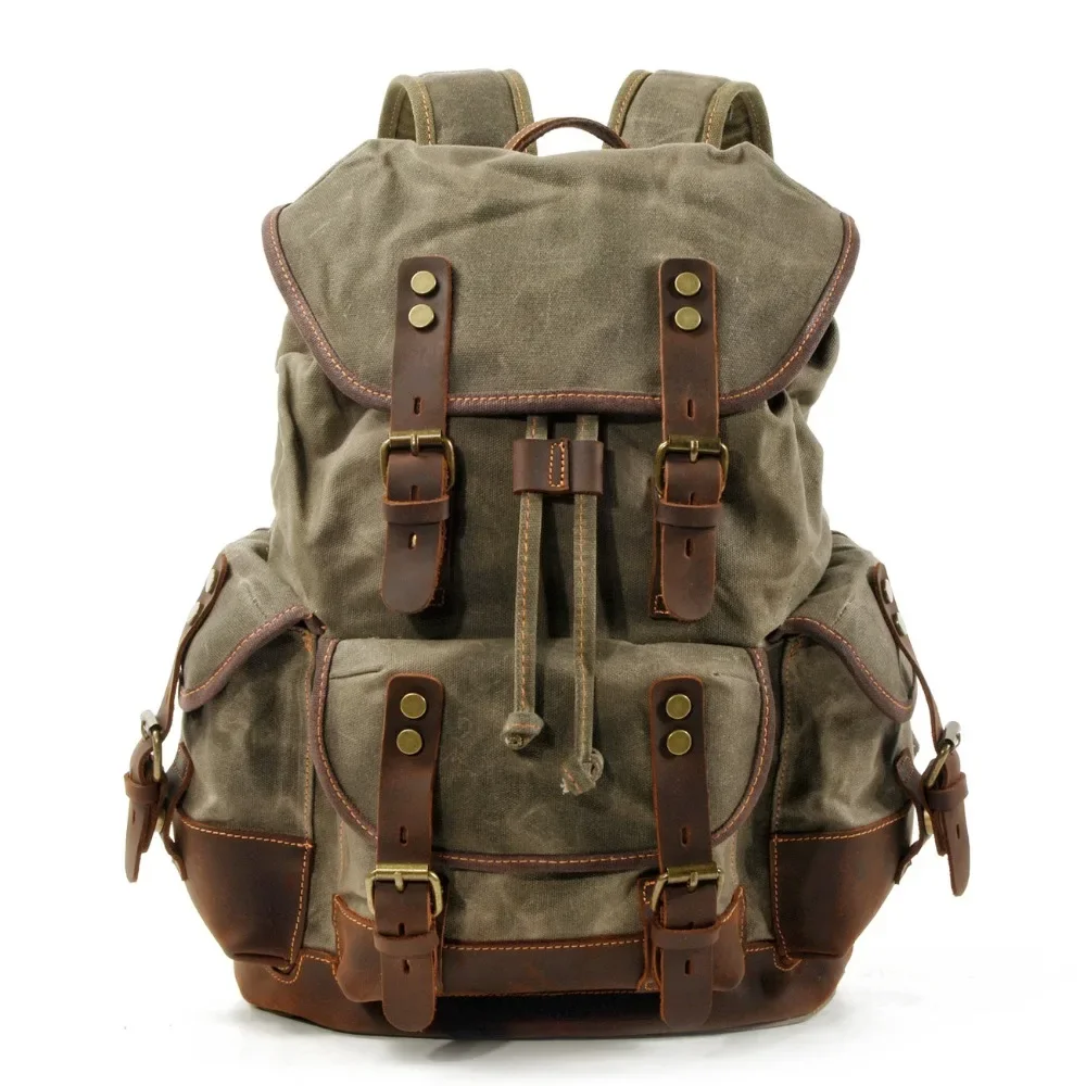 Vintage-Rucksäcke aus Segeltuch für Herren, Laptop-Tagesrucksäcke, wasserdichte Rucksäcke, großer gewachster Bergsteiger-Reiserucksack, Vintage-Rucksack