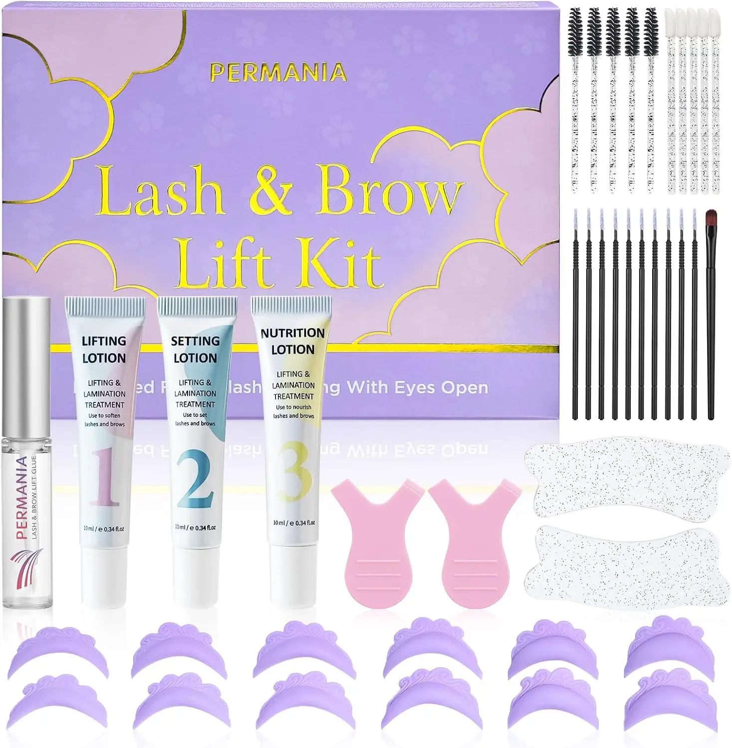 PERMANIA Neues Wimpernlift-Set, 2-in-1 koreanisches Wimpernlift- und Augenbrauen-Laminier-Set mit offenen Augen, Silikonschilde, weiche Formel Image