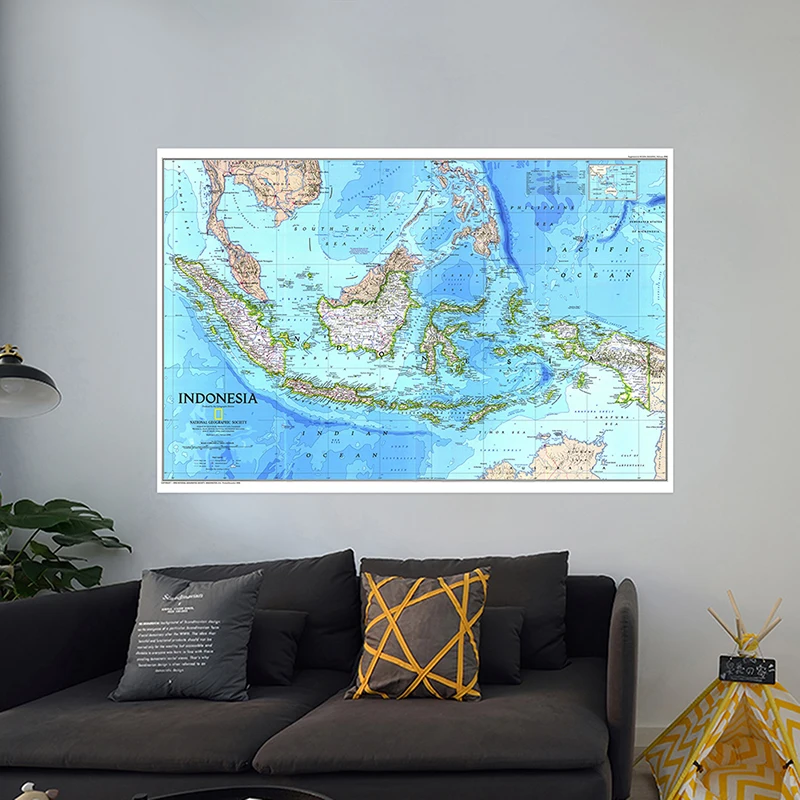 Geografie-Bildungswerkzeuge, englische Kartenserie, Hintergrundstoff, Indonesien-Karte, topografische Karte, 1996, Wandkunst-Poster, rahmenlos Image