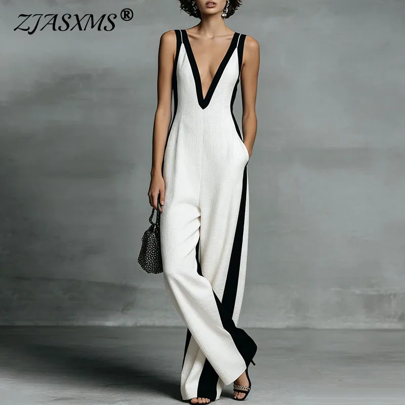 Damen Sexy Tiefer V-Ausschnitt Weite Hosen Jumpsuit Frühling Eleganter Gestreifter Patchwork-Romper Sommer Ärmelloser Reißverschluss-Overall Image