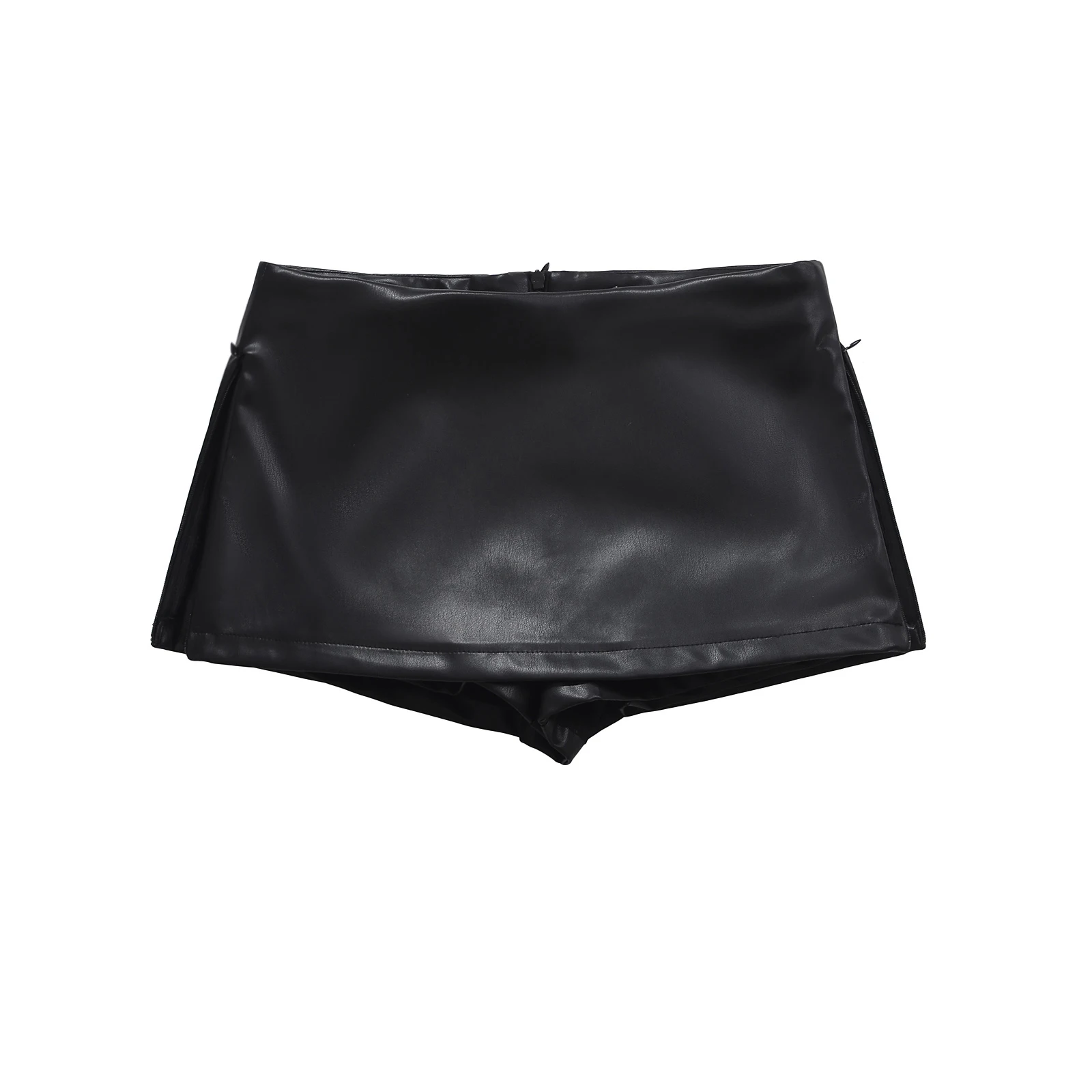 Schwarze Miniröcke, elegante koreanische Mode, Kunstlederröcke für Damen, niedrige Röcke, geteilter Lederrock mit Shorts, Braun