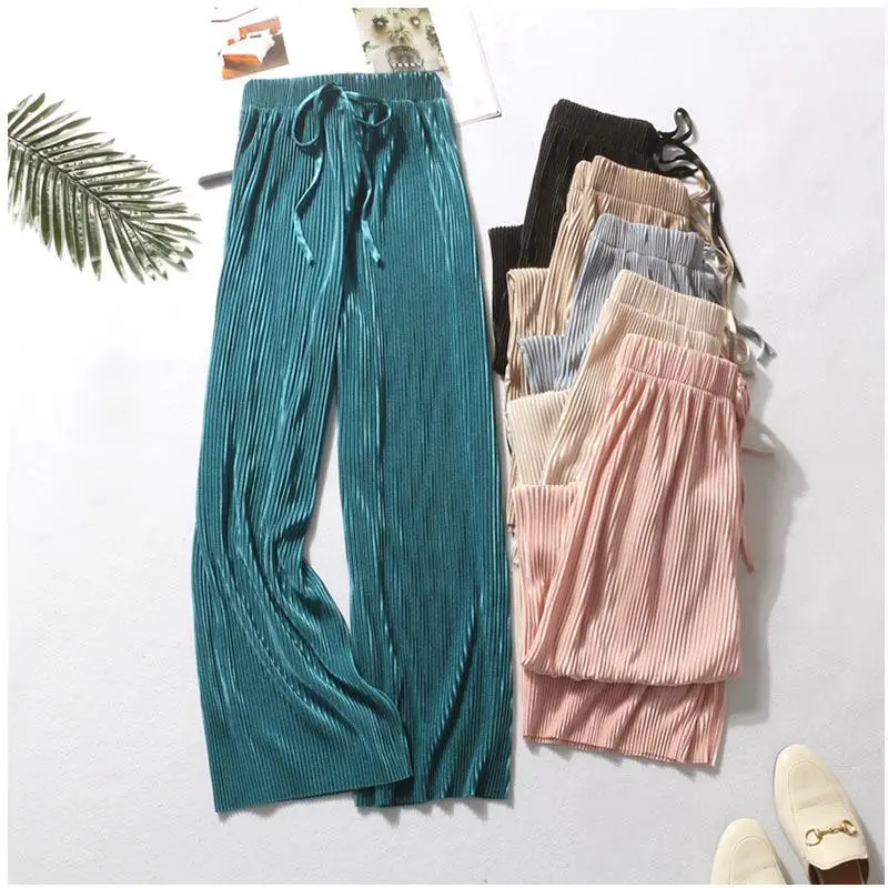 Frauen Mode Sommer Breite Bein Hosen Plissee Eis Seide Hosen Elastische Taille Lose Beiläufige Hosen Image
