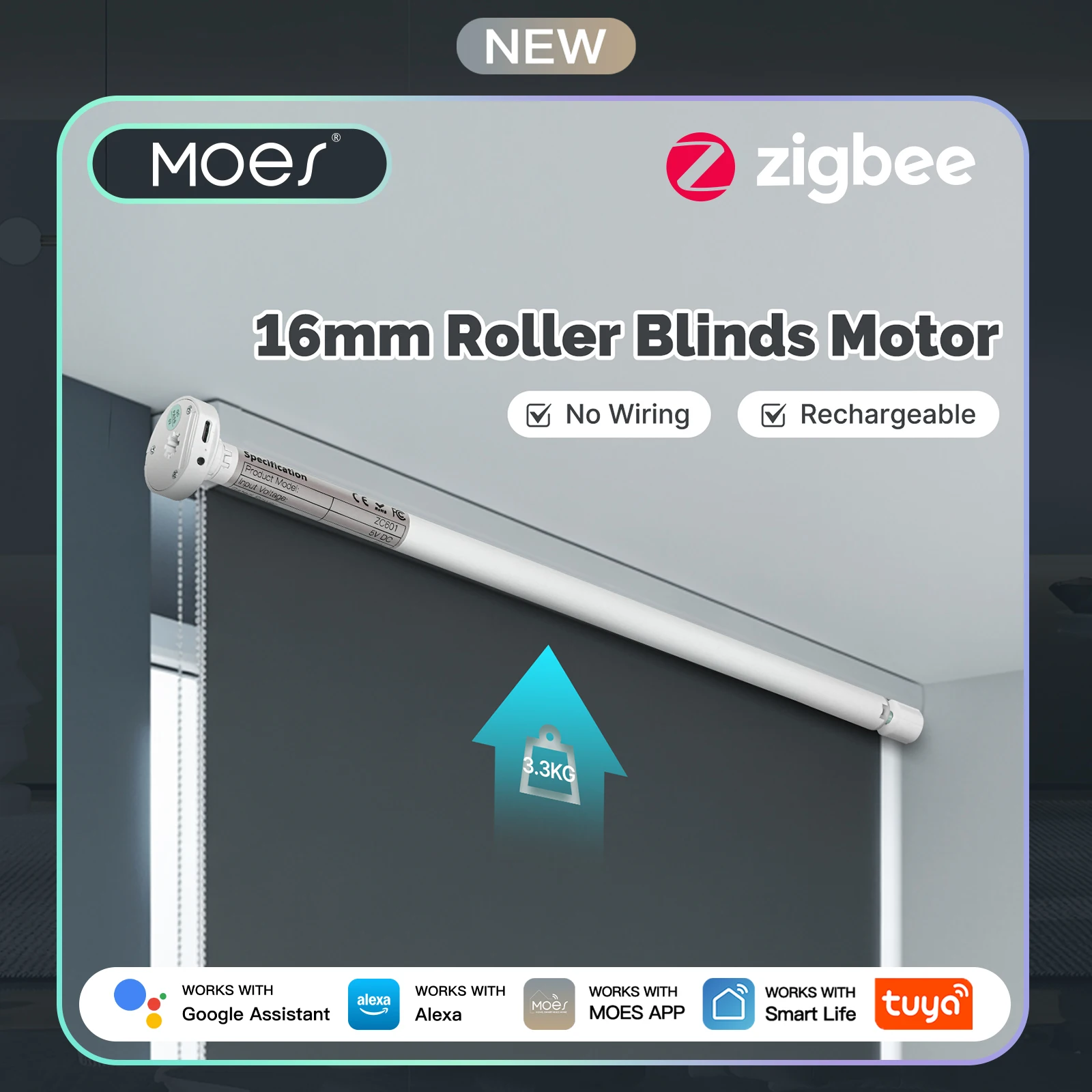 MOES Tuya Zigbee Smart Rollos Motor 16mm Aufladbare Fenster Shades Vorhang Für 17/25/28mm Rohr Arbeit mit Alexa Google Hause