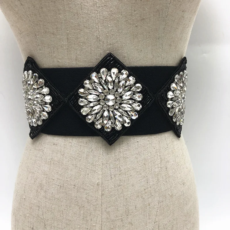 Frauen Runway Fashion Diamanten Elastische Cummerbunds Weibliche Kleid Korsetts Bund Gürtel Dekoration Breiten Gürtel R136 Image