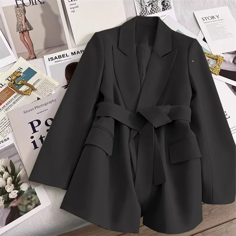 2026 neue Frühjahr Design mit Gürtel frauen Blazer Koreanische Mode Streetwear Langarm Blazer Jacke Kerb Kragen Anzug Mantel Image
