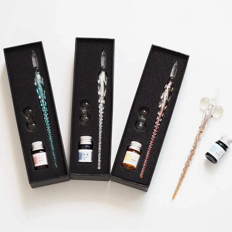 Kristallglas Tauchstift Geschenkbox Bunte Goldpulver Tinte Unterschrift Stift Set Kreatives Briefpapier Geschenke für Freunde Klassenkameraden Image