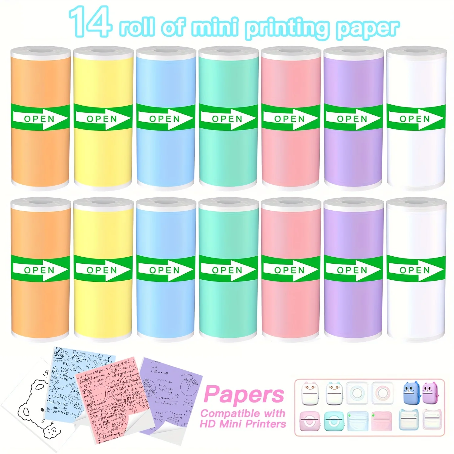 7/14 Rollen tragbares Mini-Druckpapier, farbiges Klebepapier, selbstklebendes Druckpapier, Druckeretikettenaufkleber, 57 x 25 mm Image