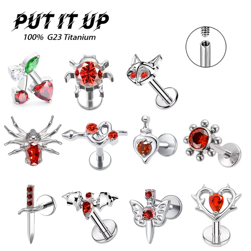 PUTITUP Offizielles F136 Titanlegierungs-Ohrstecker-Set mit orange-rotem Zirkonia, modischer Ohrknorpel-Lippen-Ohrstecker, Körperpiercing-Schmuck Image