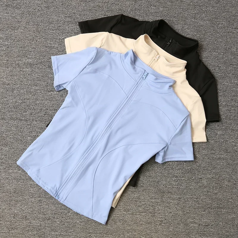 Sommer Hohe Qualität Taille Abnehmen Training Tops frauen Schnell trocknend Engen Stehkragen Voll Zipper Kurzen Ärmeln Yoga shirts Image