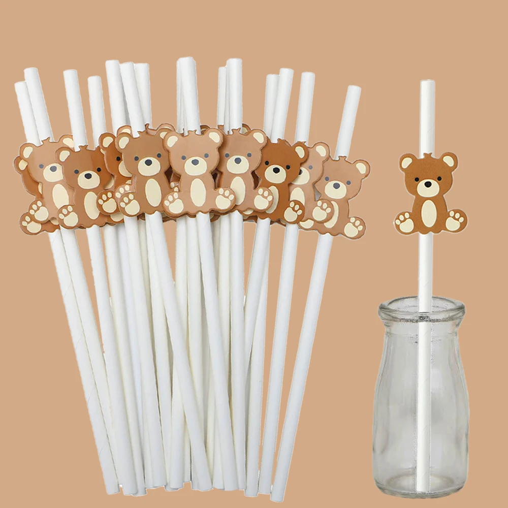 10/20/30 Stück Teddybär-Papierstrohhalme, niedlicher brauner Bär, Einweg-Trinkhalm für Geburtstag, Babyparty, Party, Dekoration, Zubehör Image