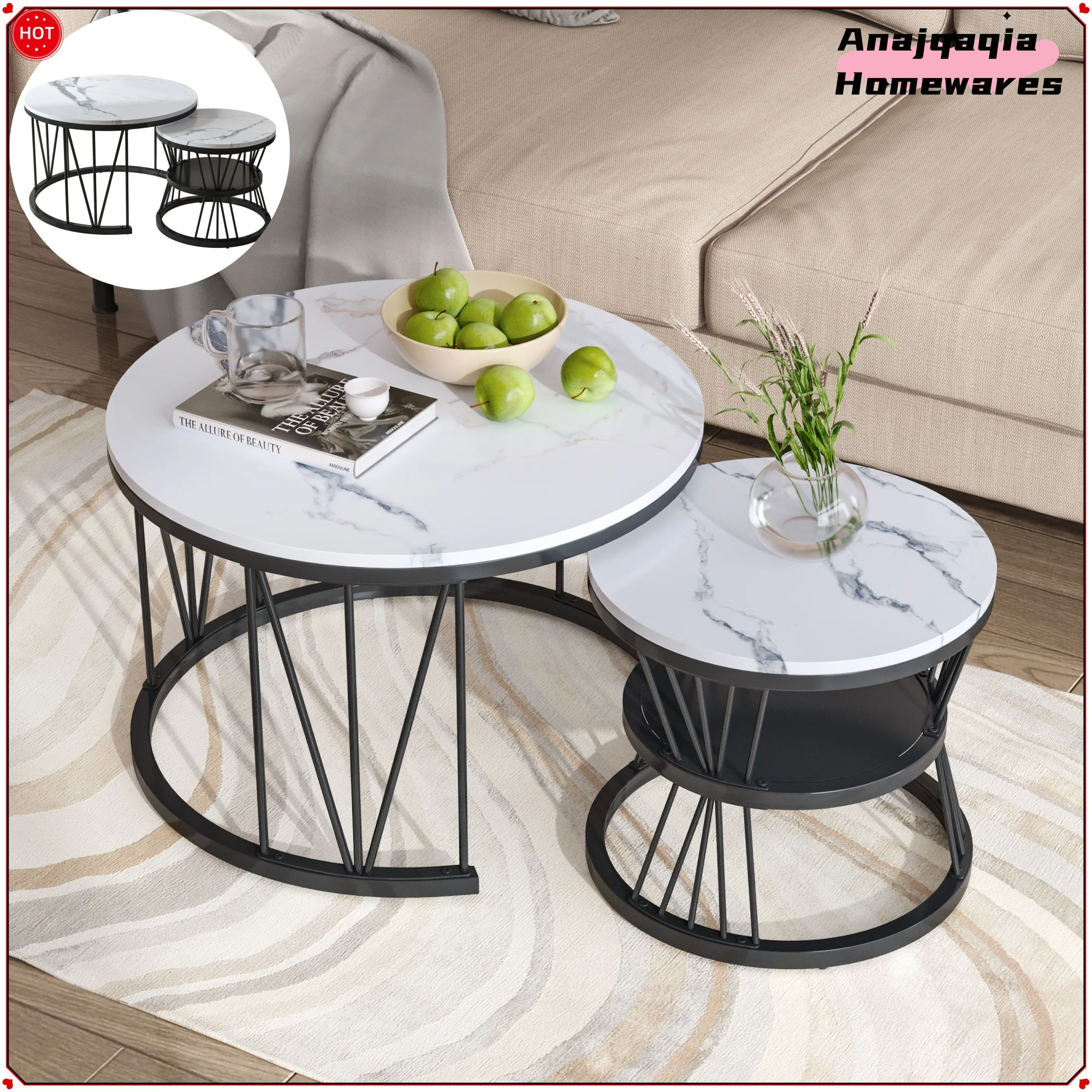 Anajqaqia 2er-Set Couchtische, Beistelltische, moderner runder Wohnzimmer-Beistelltisch, rund, mit Stauraum und goldenem Metallrahmen Image