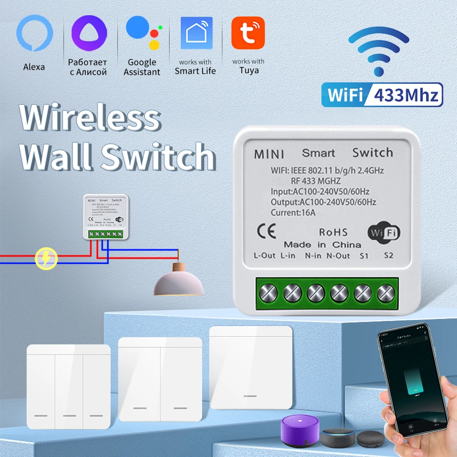 Smart RF433 Mhz Schalter Tuya WiFi Empfänger 1/2/3 Gang Wireless 86 Wand Panel Schalter Sprachsteuerung Arbeit mit Alexa Google Assistent Image