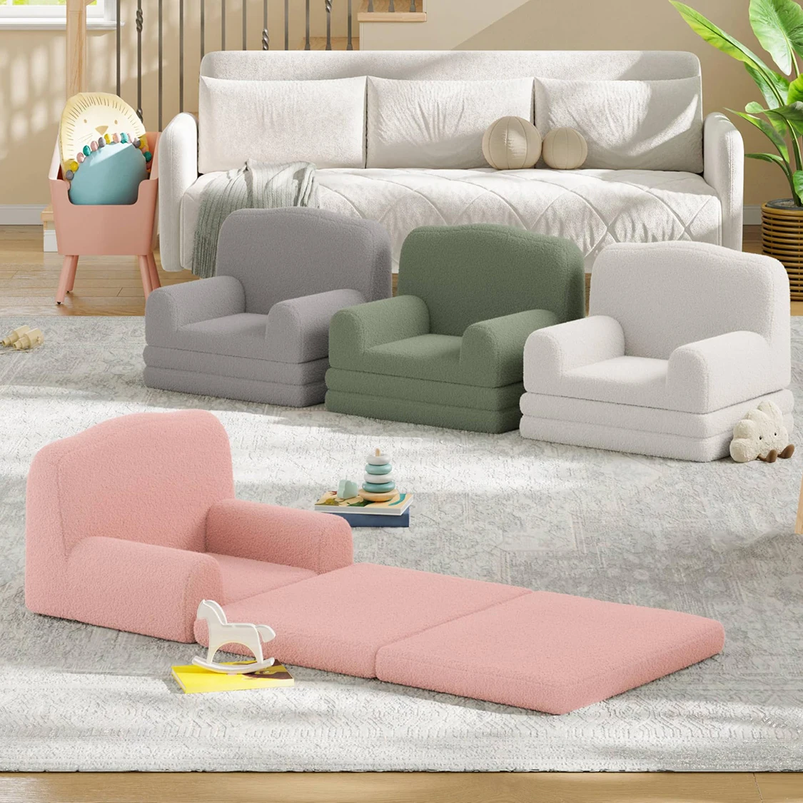 Kinder-Lesestuhl, Sherpa Konvertierbares Kleinkind-Sofa Ausklappbares Schlafsofa mit Waschbarem Bezug, Kronen-Design für Spielzimmer Kinderzimmer Image