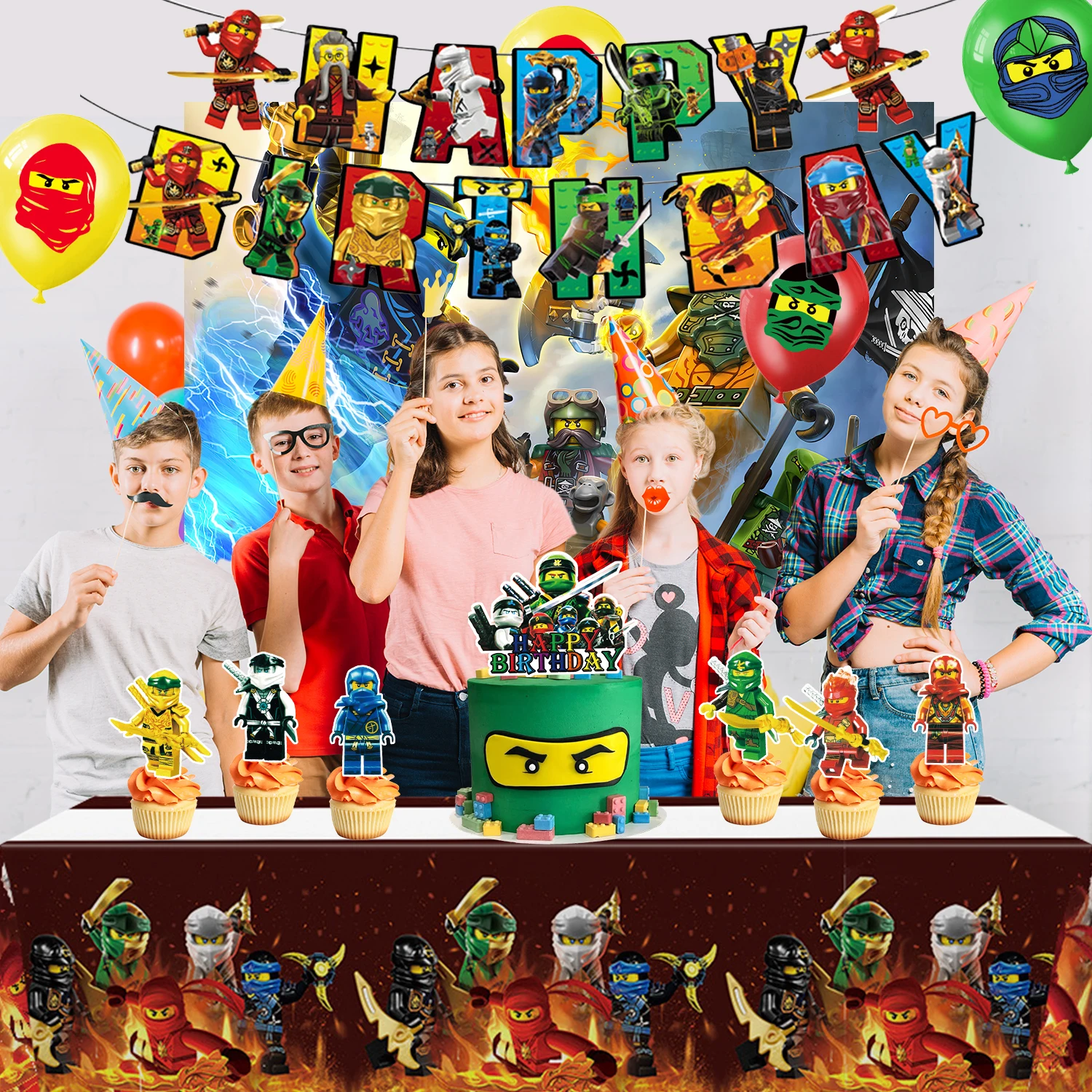 28-teiliges Ninja-Party-Dekorationsset - Ninja-Geburtstagsdekoration Banner Luftballons Hintergrund Tortendekoration etc. Ninja-Geburtstagsparty-Zubehör Image