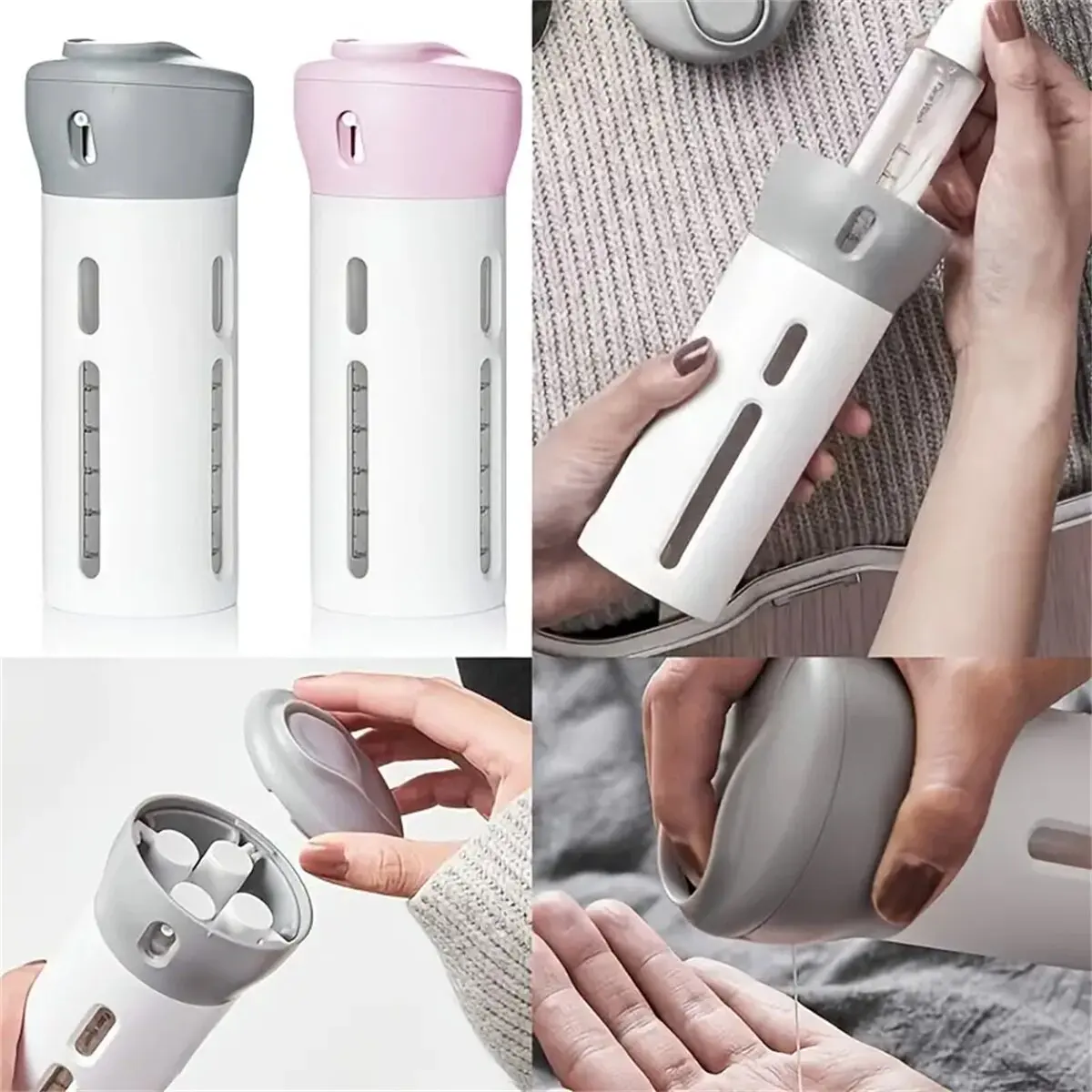 4-in-1 tragbare Reise-Flüssigkeitsspenderflasche, nachfüllbar, auslaufsicher, Reisebehälter für Parfüm, Shampoo, Spülung, Lotion Image