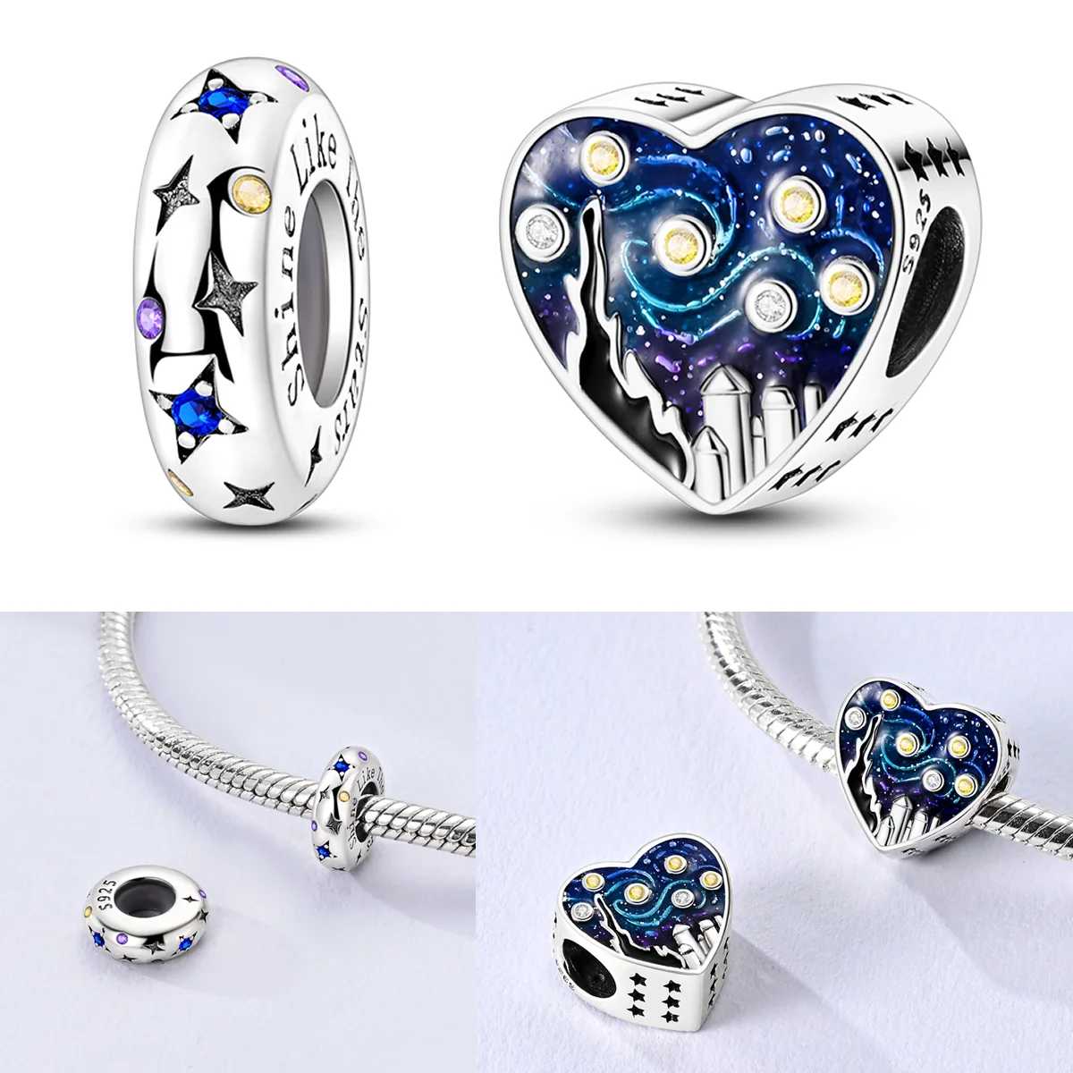 925 Sterling Silber Little Van Gogh Sternenhimmel Charms Perle CZ Zirkon Glänzender Stern Baumeln Fit Original Armband DIY Frauen Schmuck