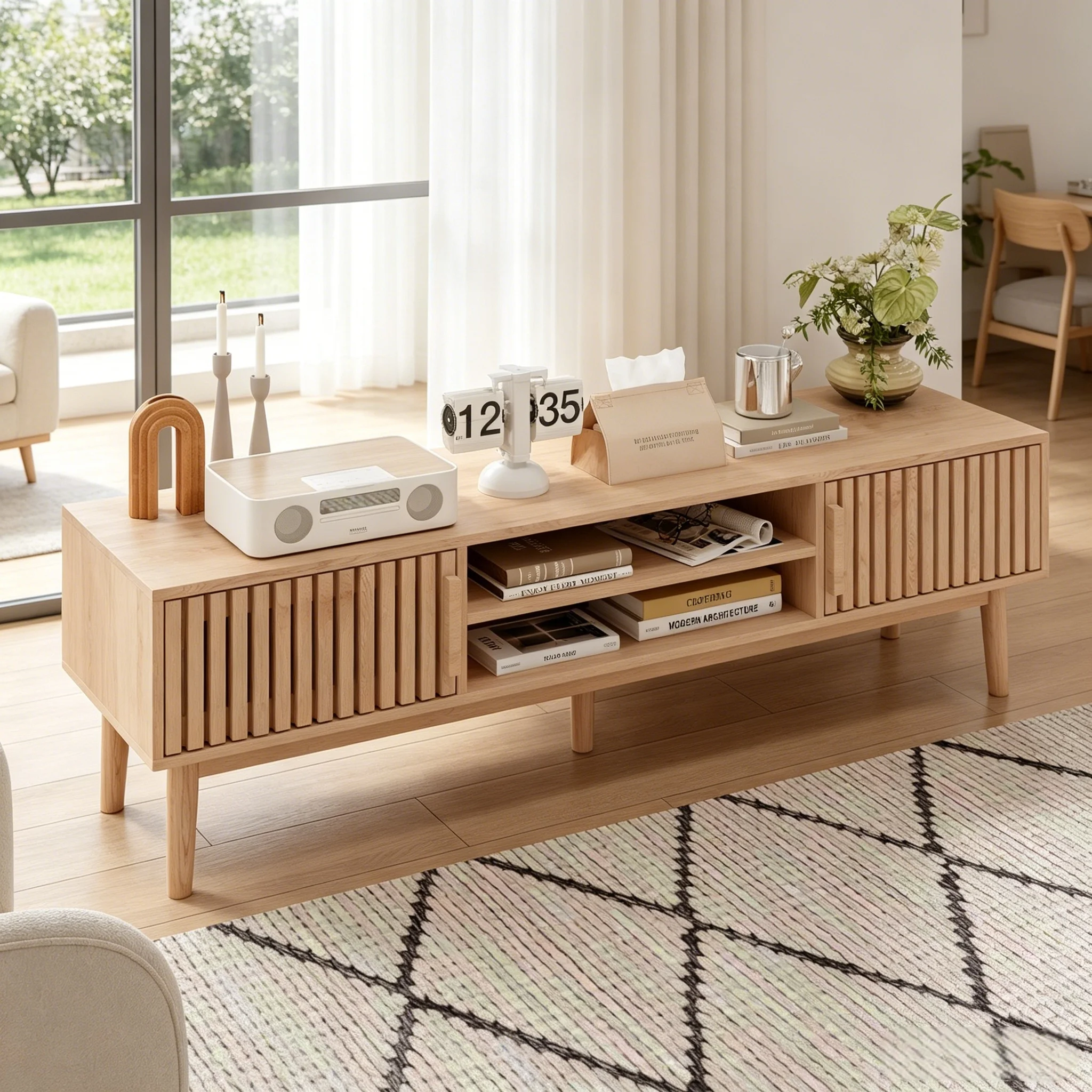 150x40x48 cm TV-Schrank, Wohnzimmerschrank, TV-Möbel mit zwei Schränken und zwei Regalen, geeignet für Fernseher bis zu 65 Zoll, geeignet für Wohn- und Schlafzimmer, Naturholzfarbe