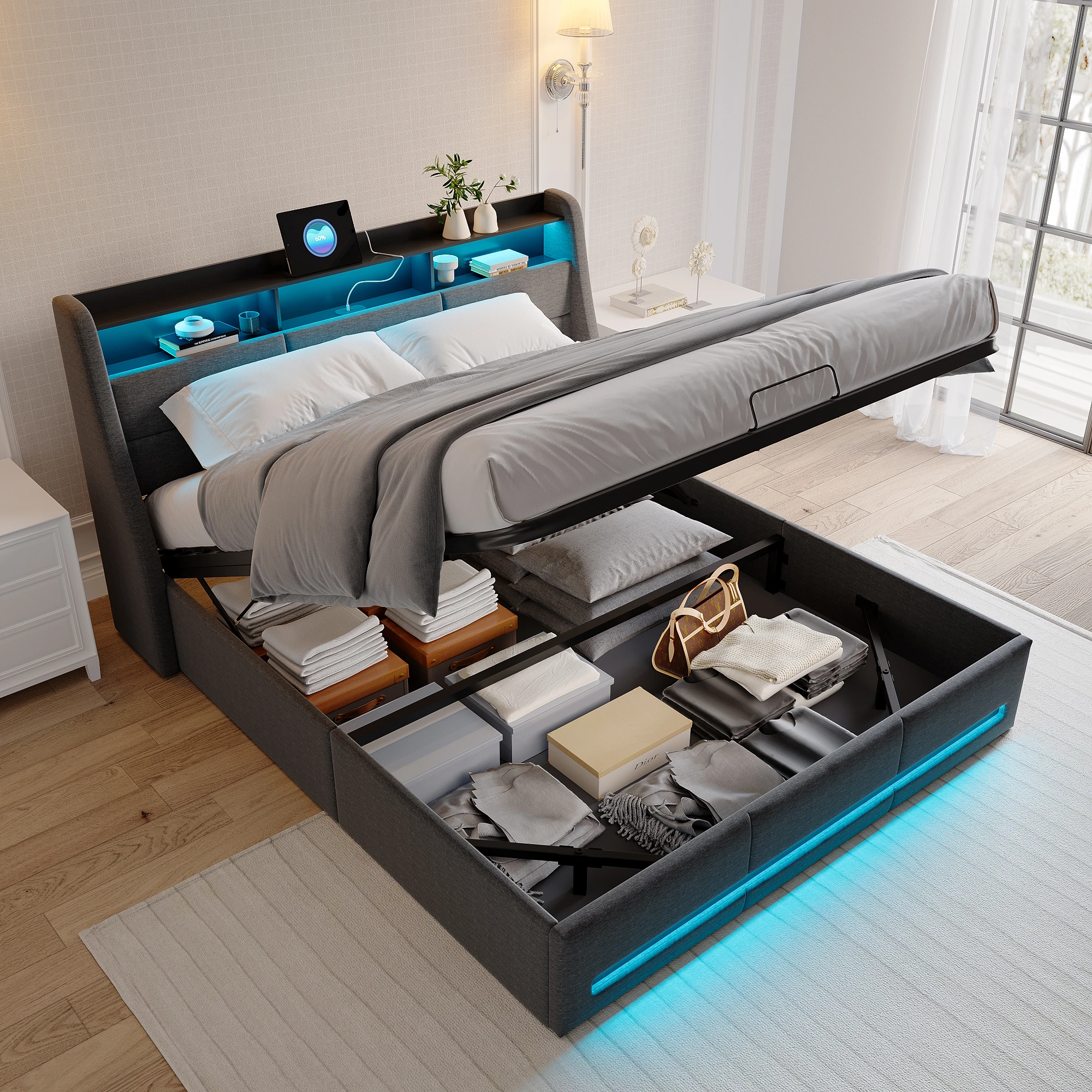 Bett mit Stauraum (140/160 x 200 cm) mit Lattenrost, Polsterbett mit LED-Beleuchtung, Doppelbett mit Stauraum, gepolstertes Doppelbett mit hydraulischem Stauraum, Betten für Erwachsene mit Stauraum