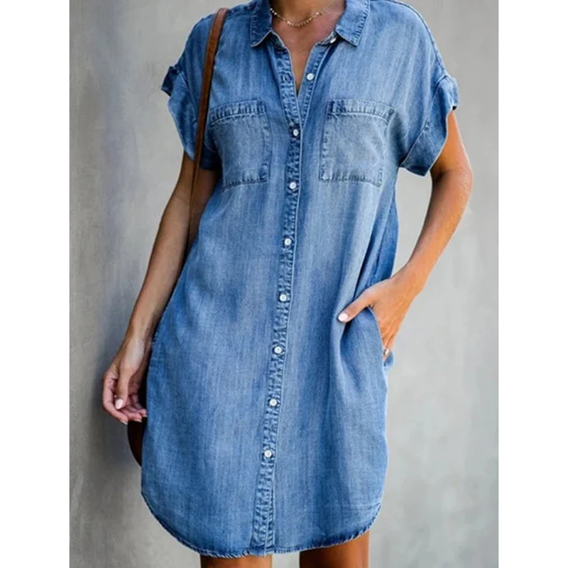 Sommer Neue Einreiher Denim Hemd Kleid frauen Casual Lose Tasche Einfache Retro Pendler Weibliche Büro Denim Kurzen Rock Image