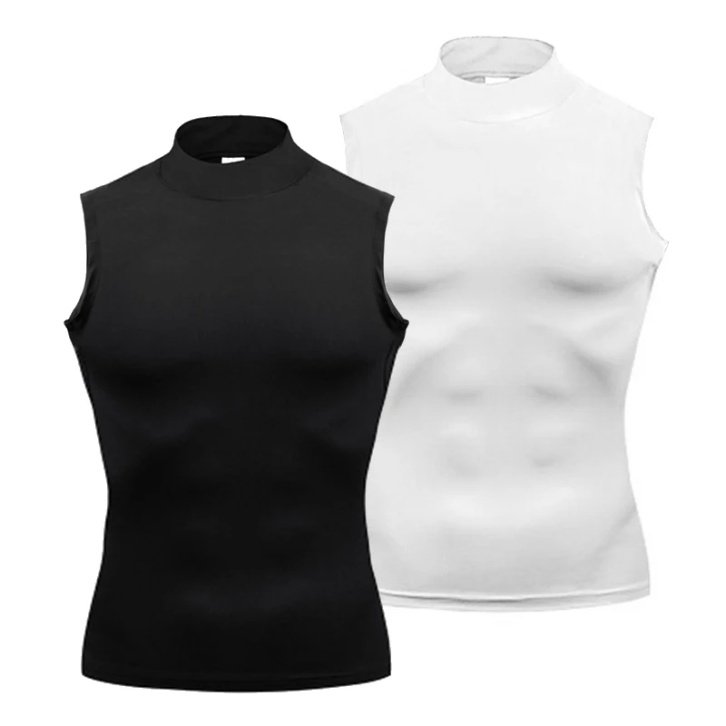 Kompression Shirt Männer Gym Tank Top Muscle Fitness Kleidung Rollkragen Sport Ärmelloses T-shirt Elastische Bodybuilding Lauf Weste Image