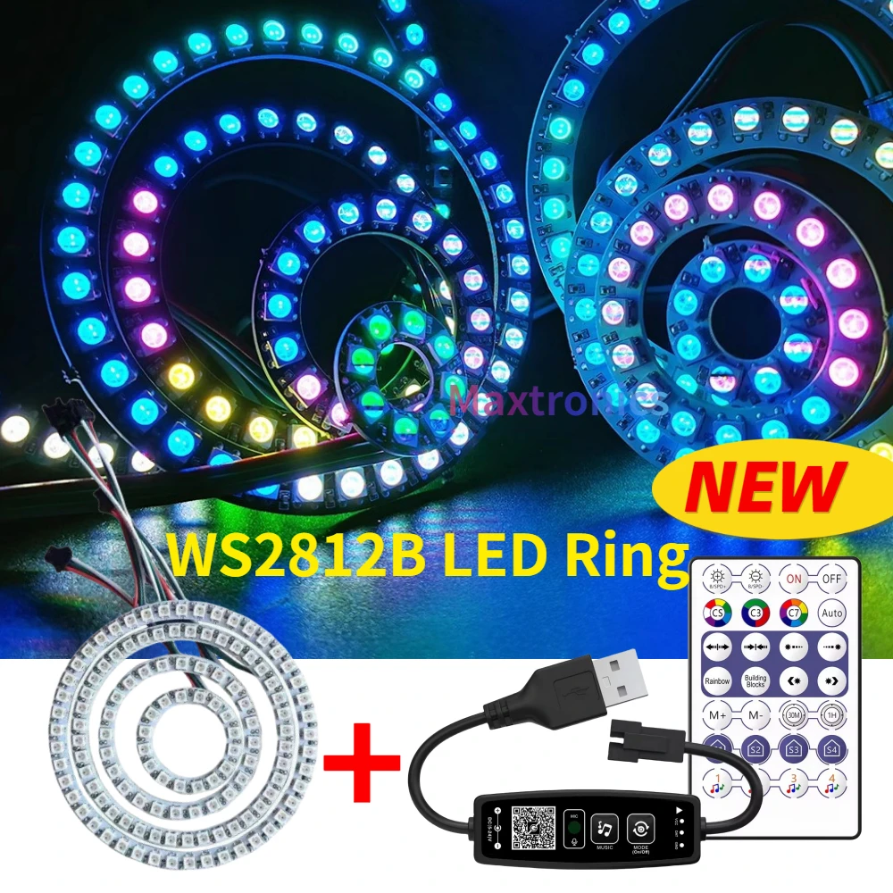 Ws2812b rgb led ring kit individuell adressierbar und usb 28key bluetooth musik controller oder buiit-in 8/16/24/35/45 pixel lampe Image