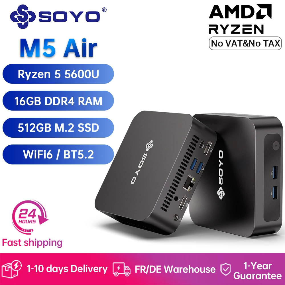 SOYO M5 Air Mini-PC AMD Ryzen 5 5600U CPU Windows 11 Pro 16GB DDR4 512GB M.2 SSD WIFI6 BT5.2 4K Dual-Display Mini-Desktop-Computer