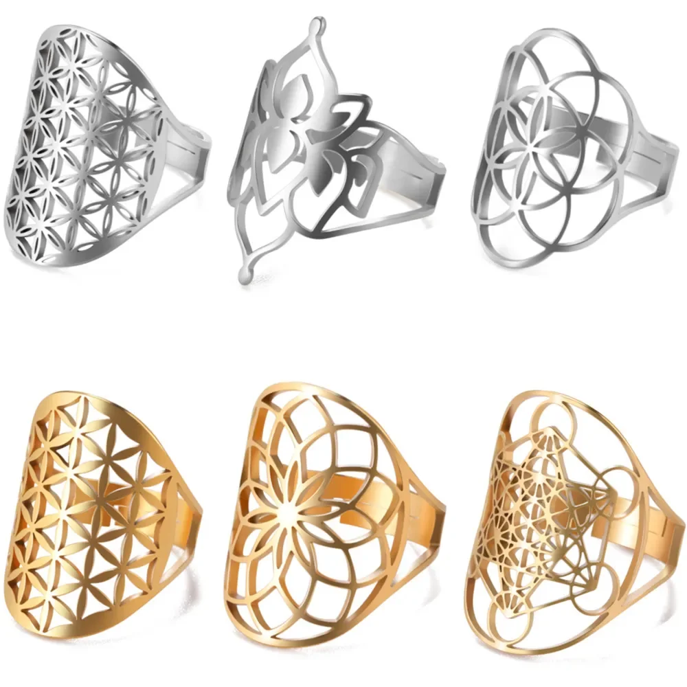 Edelstahl-Ring mit Blume des Lebens, hohles Erzengel-Amulett, verstellbarer Fingerring, heilige Geometrie, Wicca-Schmuck für Damen und Herren Image