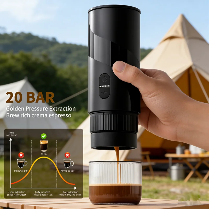 20 BAR tragbare elektrische Kaffeemaschine, Kapsel, 2-in-1-Kaffeemühle, Reise-Kaffeemaschine für Auto und Zuhause, Camping, Outdoor Image