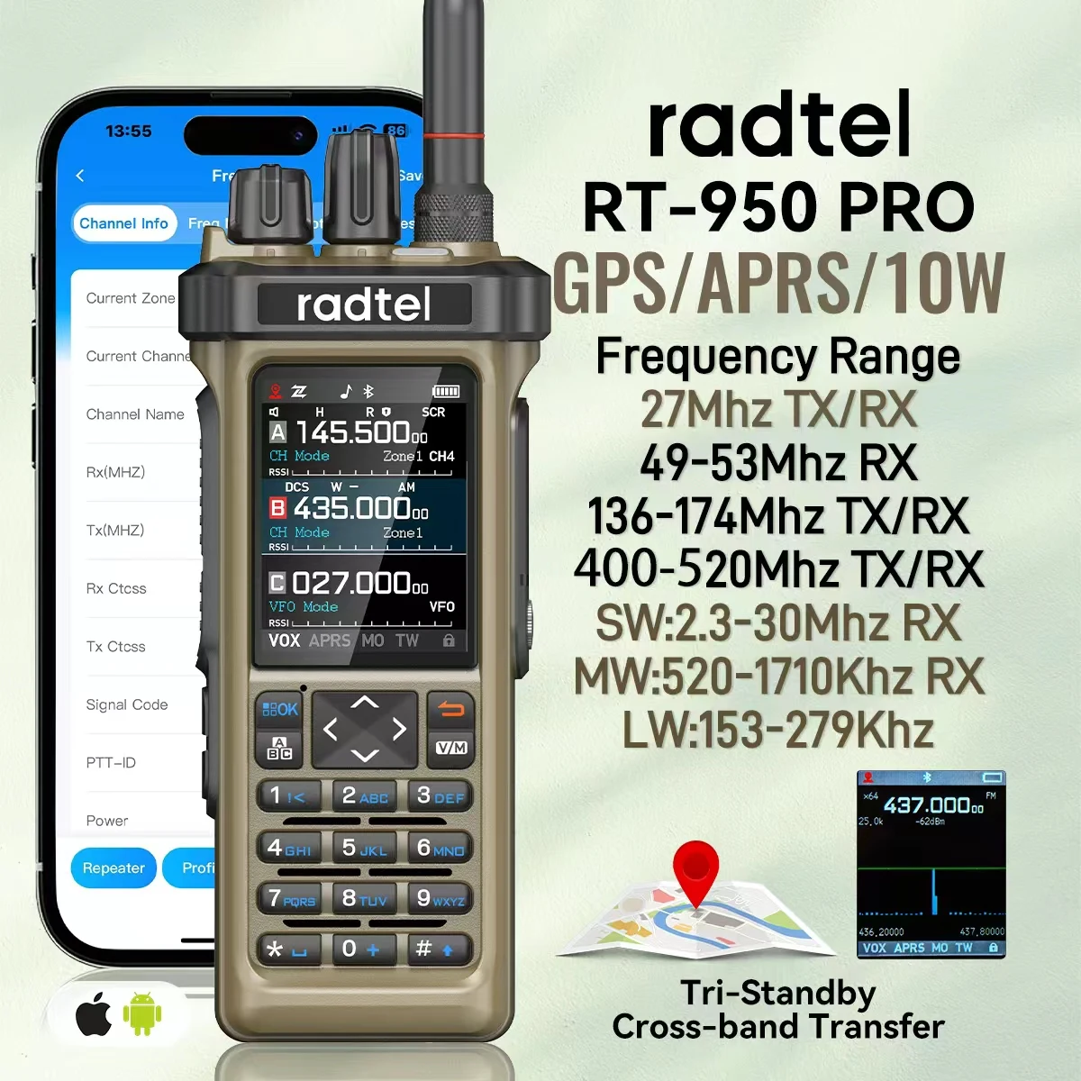 Radtel RT-950 Pro Sandfarben-Walkie-Talkie mit GPS APRS 10 W Bluetooth-Telefonprogrammierung Amateurfunk RT-950PRO SSB CW AM FM-Radio Image