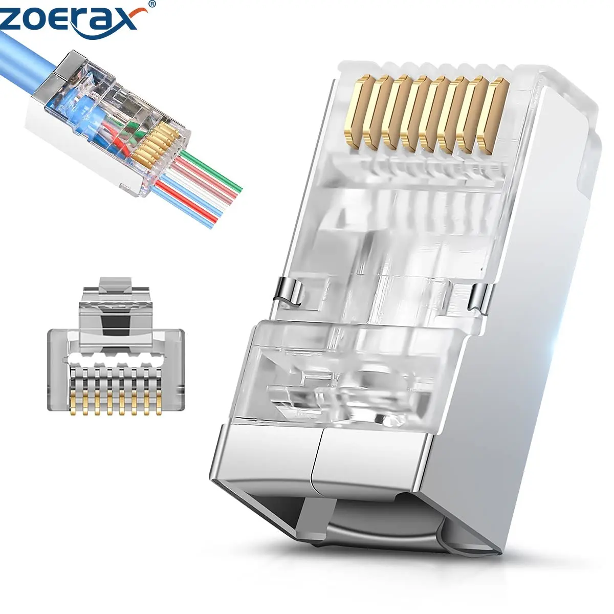 ZoeRax 50 Stück abgeschirmte RJ45 Cat6 Cat6A Durchgangsanschlüsse – 3-polige 8P8C vergoldete Ethernet-Enten für FTP/STP-Netzwerkkabel